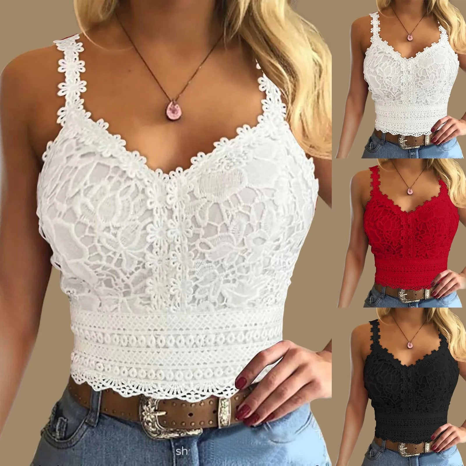 Sexy Spitzen-Crop-Top mit V-Ausschnitt – Ärmelloses Tanktop für Damen